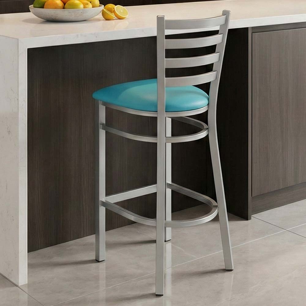 Chivari Ladder Back Bar Stool with Silver Frame and Light Blue Vinyl Seat BLMSVLBL-ZF-KT