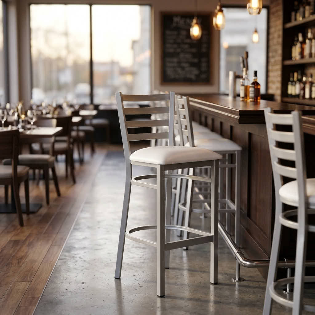 Chivari Silver Ladder Back Restaurant Bar Stool with White Vinyl Seat BLMSVWH-ZF-KT