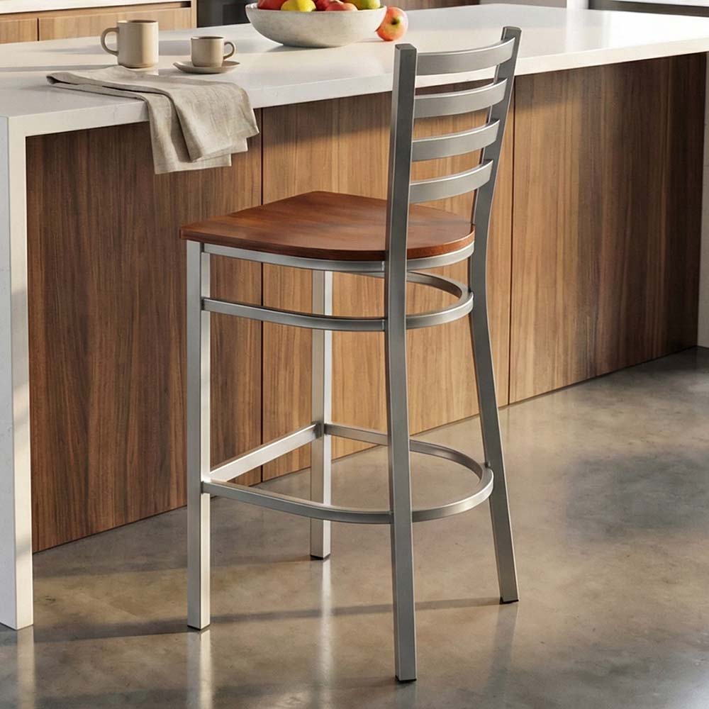 Chivari Ladder Back Bar Stool with Silver Frame and Cherry Wood Seat BLMSWCW-ZF-KT