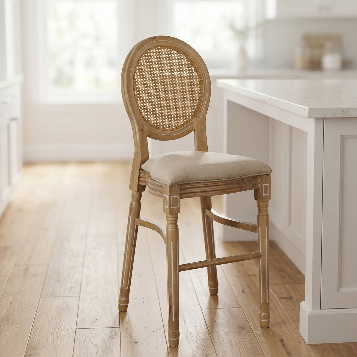 Chivari Antique Distressed Wood Louis Pop Barstool with Rattan Back BLPWANTIQ-FR-ZG-T