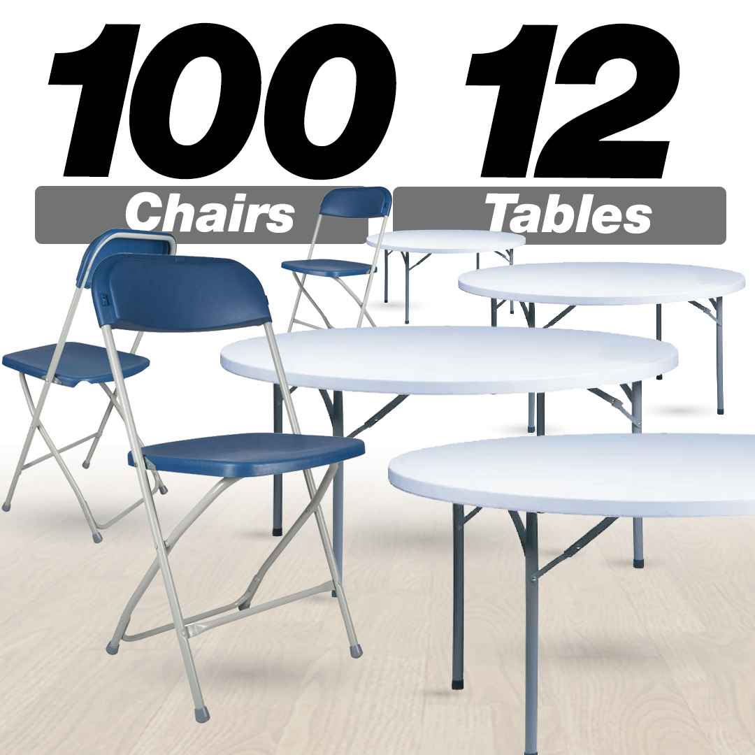 Chivari 100 Pack Blue Plastic Folding Chair and 12 60" (5 Foot) Round Plastic Folding Table CFPBLU-100PLS60-KT