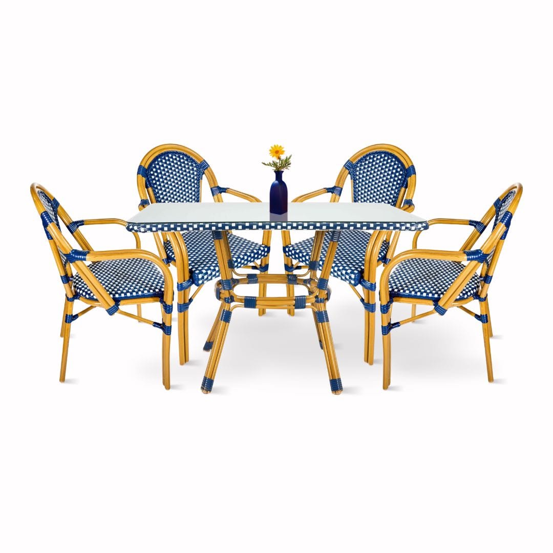 Toulouse Blue and White French Bistro Set Includes 48" x 36" Table and 4 Chairs with Arms FBK-SQ-BLU-ABLU4-AX