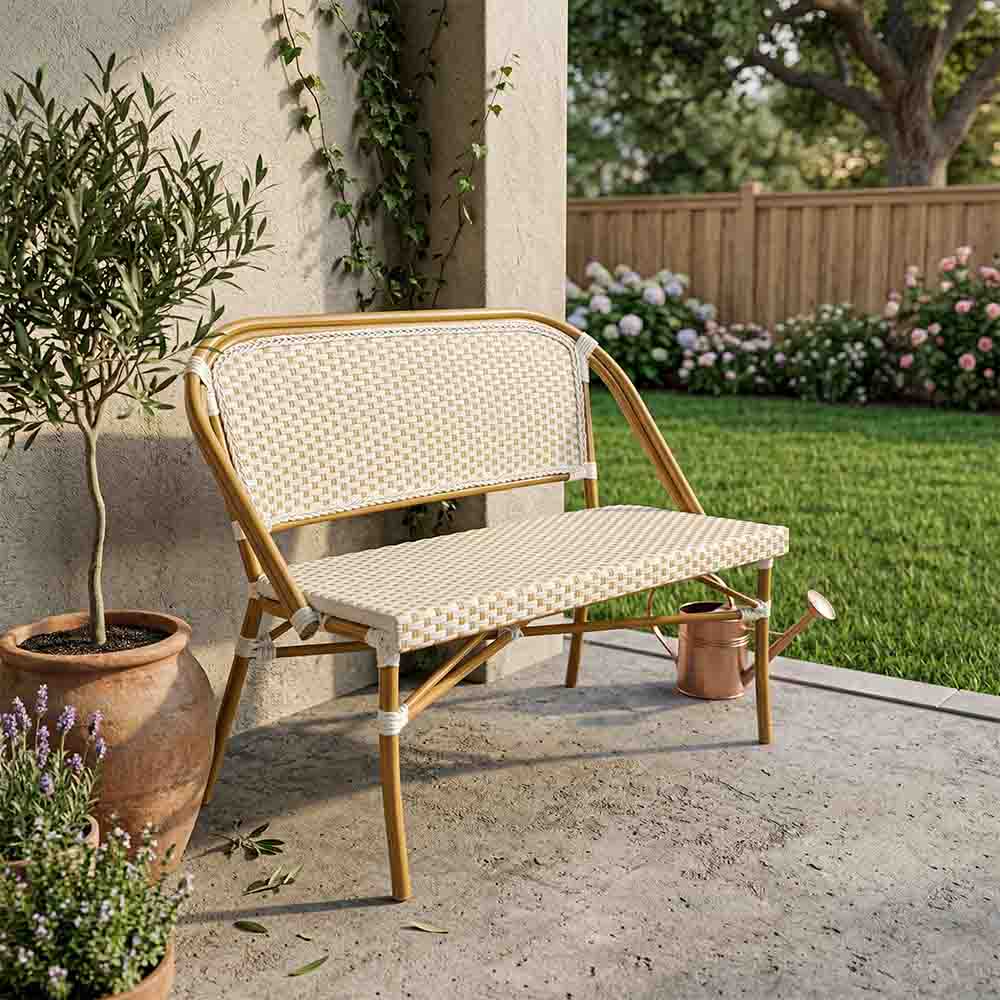 Toulouse White on Beige Medium Frame Bistro Bench Loveseat BNBPWB-AX-T