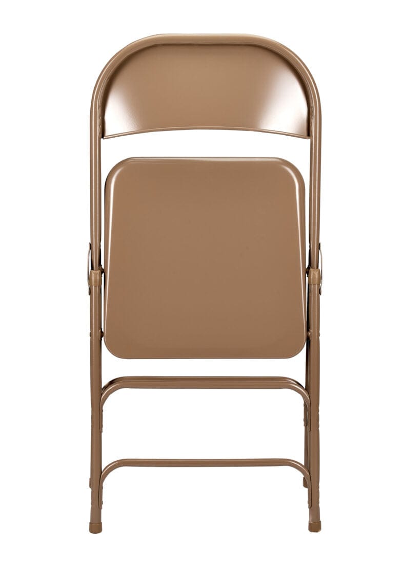 Chivari 100 Brown Metal Folding Chairs + 12 Plastic Round Table Kit CFMBR-100-12RD-KT