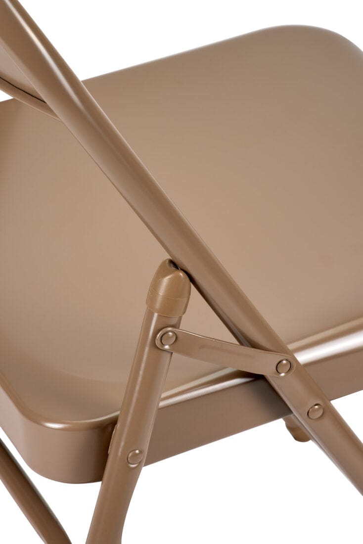 Chivari 100 Brown Metal Folding Chairs + 12 Plastic Round Table Kit CFMBR-100-12RD-KT
