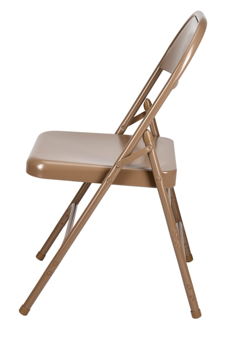 Chivari 100 Brown Metal Folding Chairs + 12 Plastic Round Table Kit CFMBR-100-12RD-KT