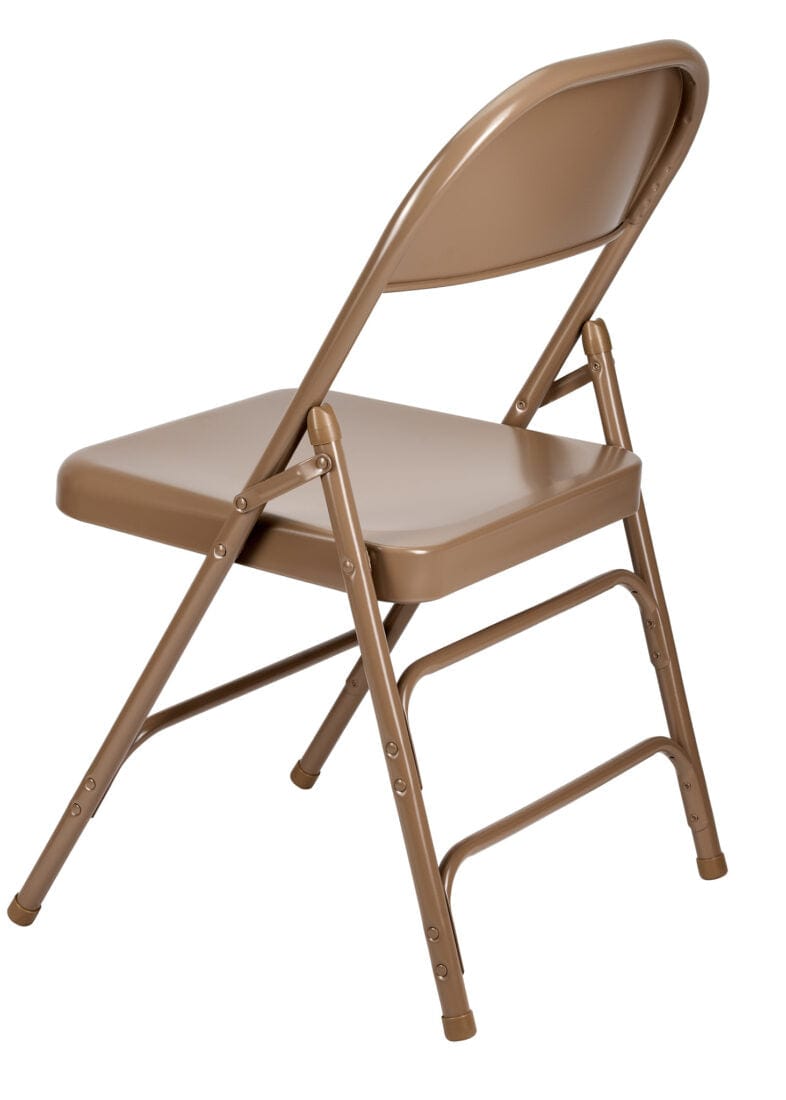 Chivari 100 Brown Metal Folding Chairs + 12 Plastic Round Table Kit CFMBR-100-12RD-KT
