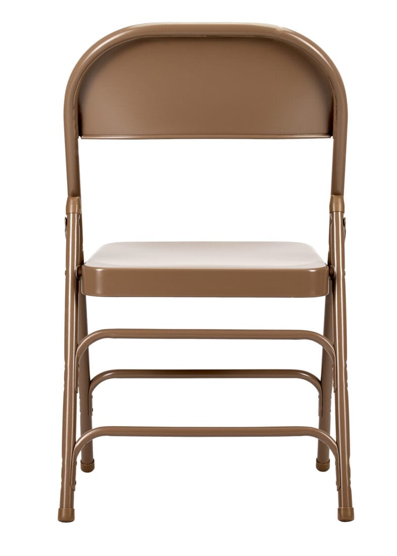 Chivari 100 Brown Metal Folding Chairs + 12 Plastic Round Table Kit CFMBR-100-12RD-KT
