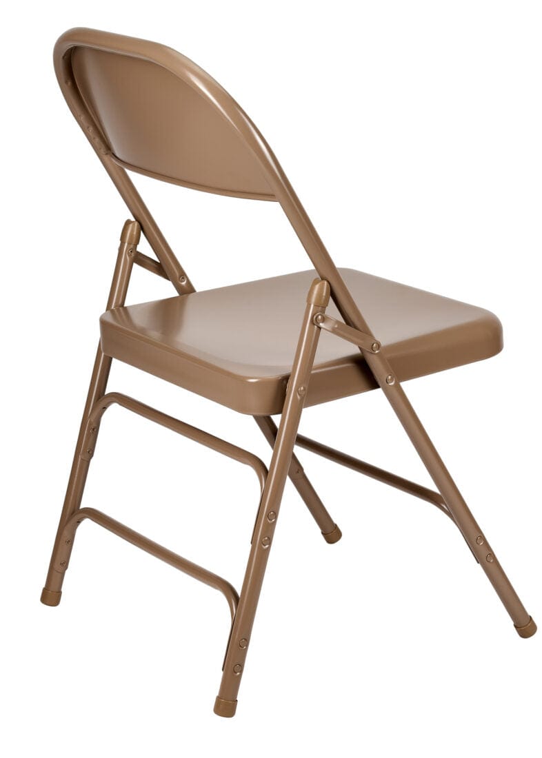 Chivari 100 Brown Metal Folding Chairs + 12 Plastic Round Table Kit CFMBR-100-12RD-KT