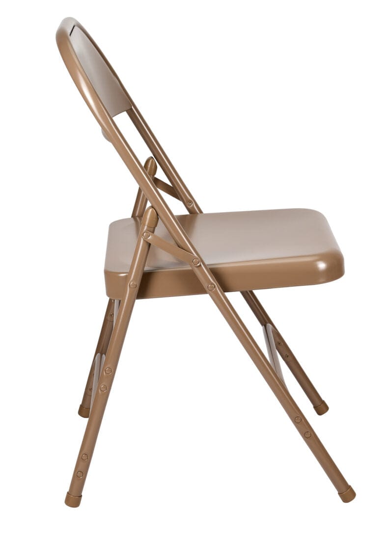 Chivari 100 Brown Metal Folding Chairs + 12 Plastic Round Table Kit CFMBR-100-12RD-KT
