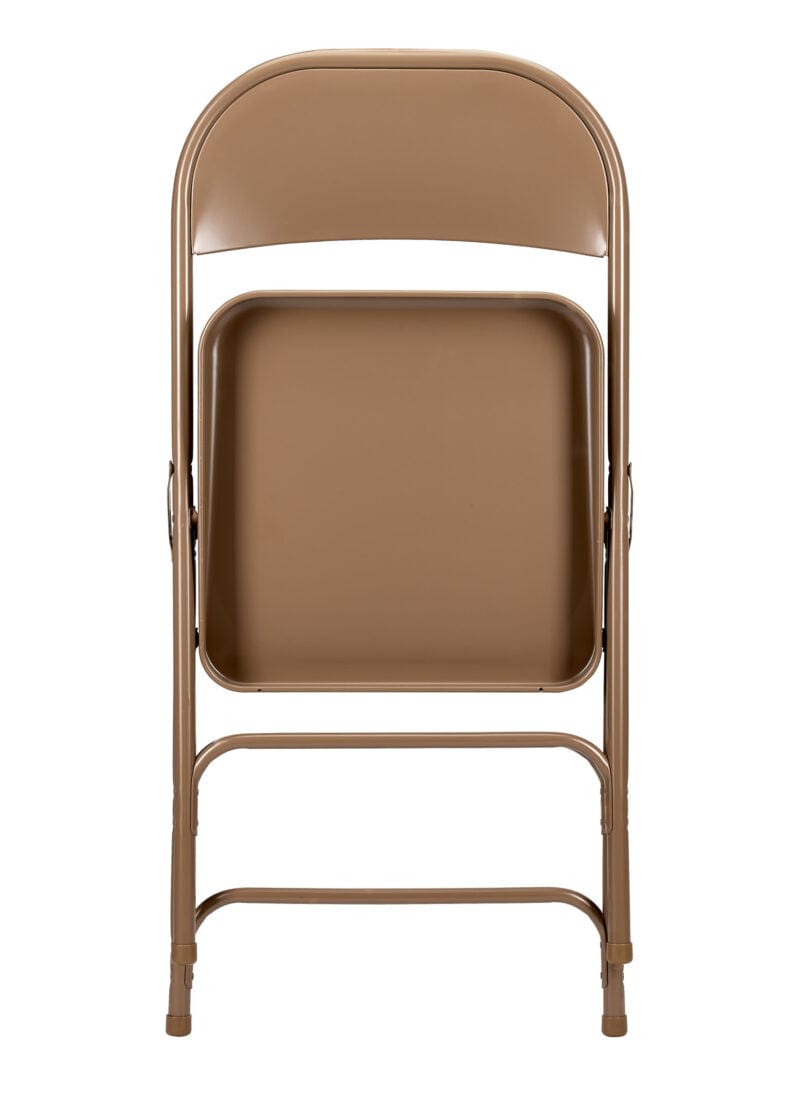 Chivari 100 Brown Metal Folding Chairs + 12 Plastic Round Table Kit CFMBR-100-12RD-KT