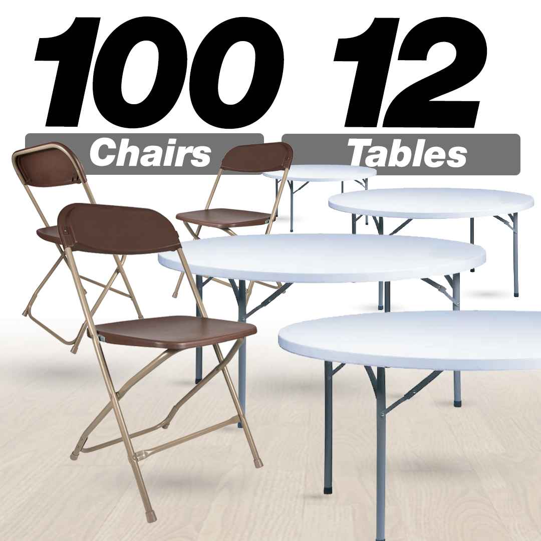 Chivari 100 Pack Brown Plastic Folding Chair and 12 60" (5 Foot) Round Plastic Folding Table CFPBR-100PLS60-KT