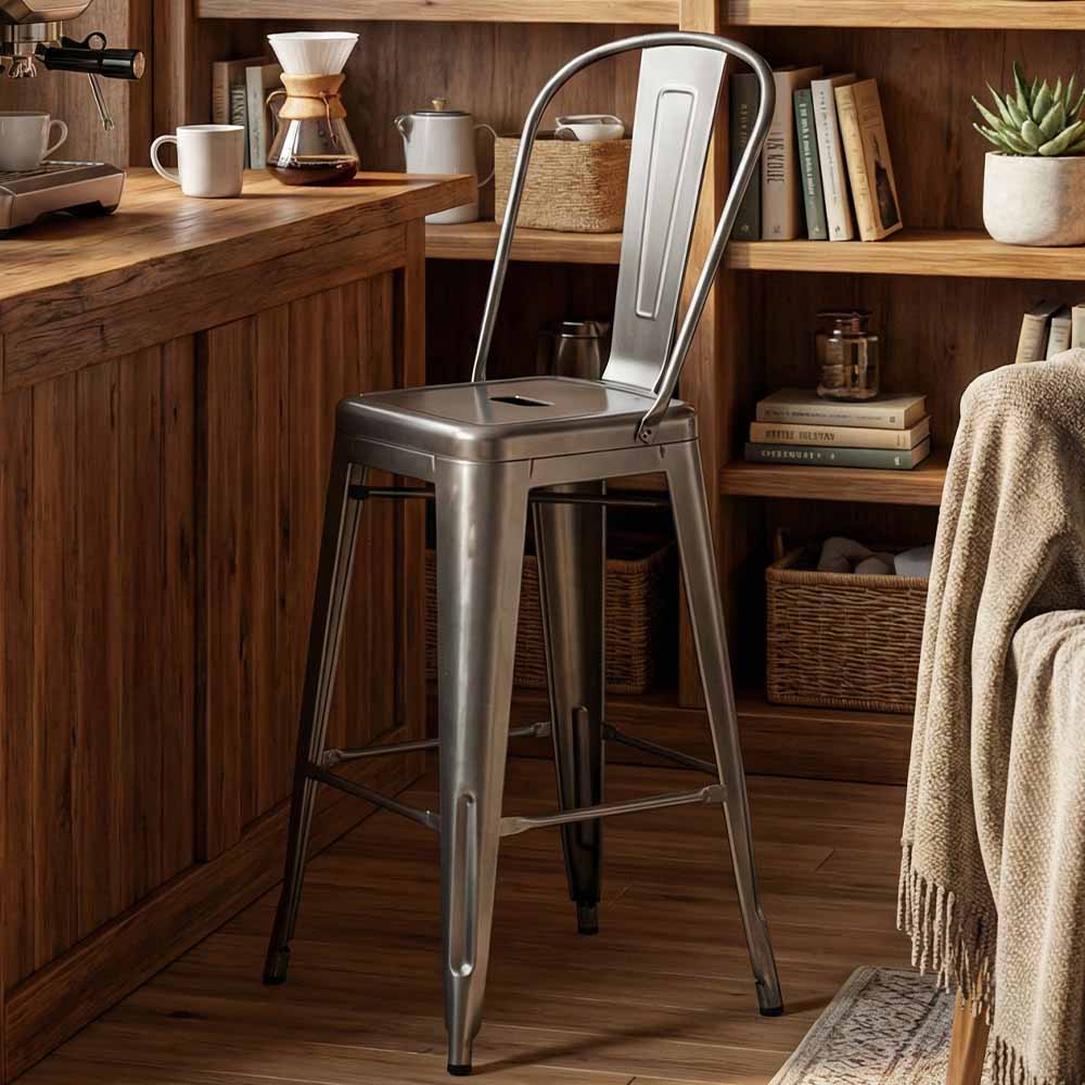 Chivari GunMetal Gray Hi Gloss Tolix Style Metal Barstool with Back BTBMGU-AX-T