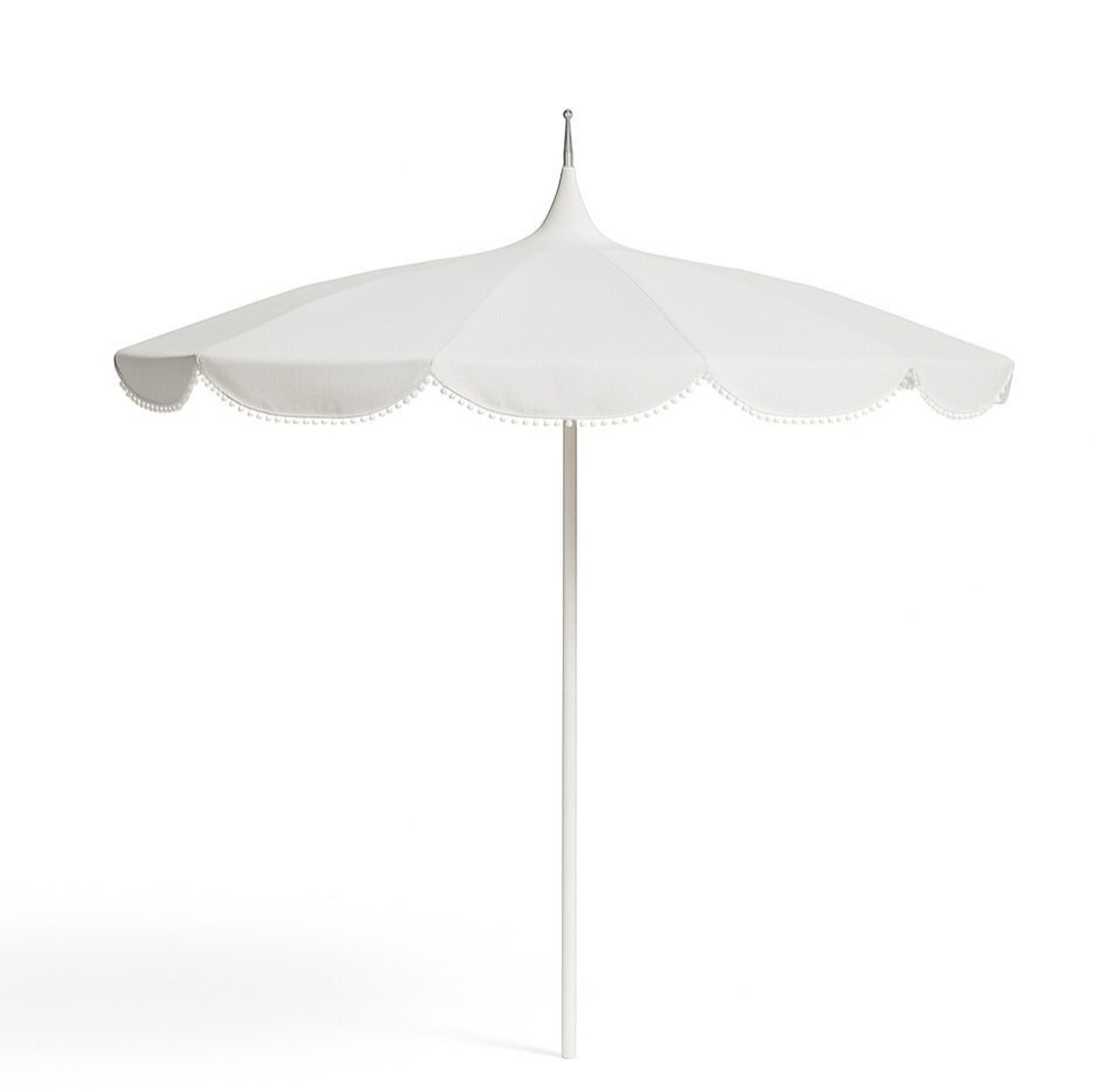 California Umbrellas White 8.5' Pagoda Series Sunbrella Fabric Patio Umbrella with White Aluminum Pole and Pom Poms CAL-SMPT852174BOW-5404-POM