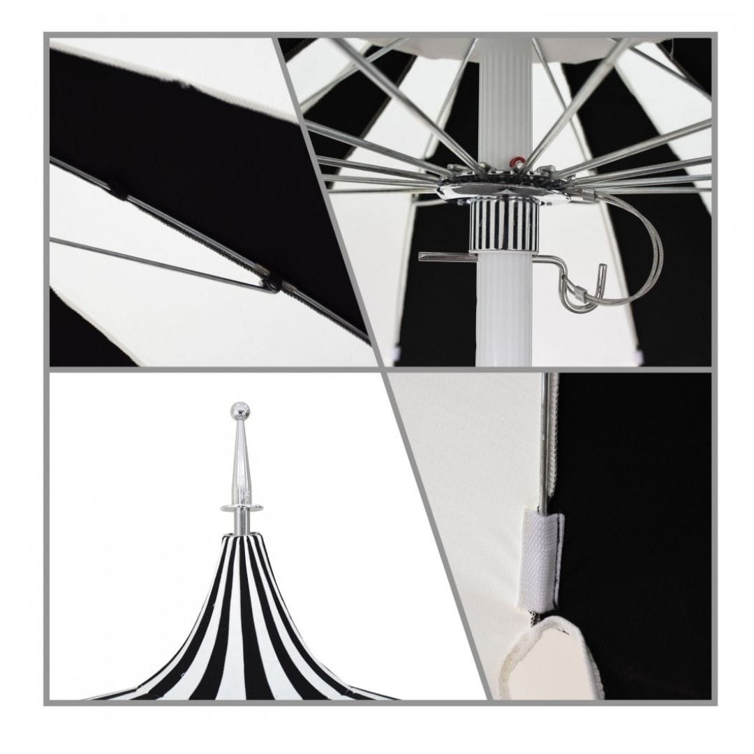 California Umbrellas White 8.5' Pagoda Series Sunbrella Fabric Patio Umbrella with White Aluminum Pole and Pom Poms CAL-SMPT852174BOW-5404-POM