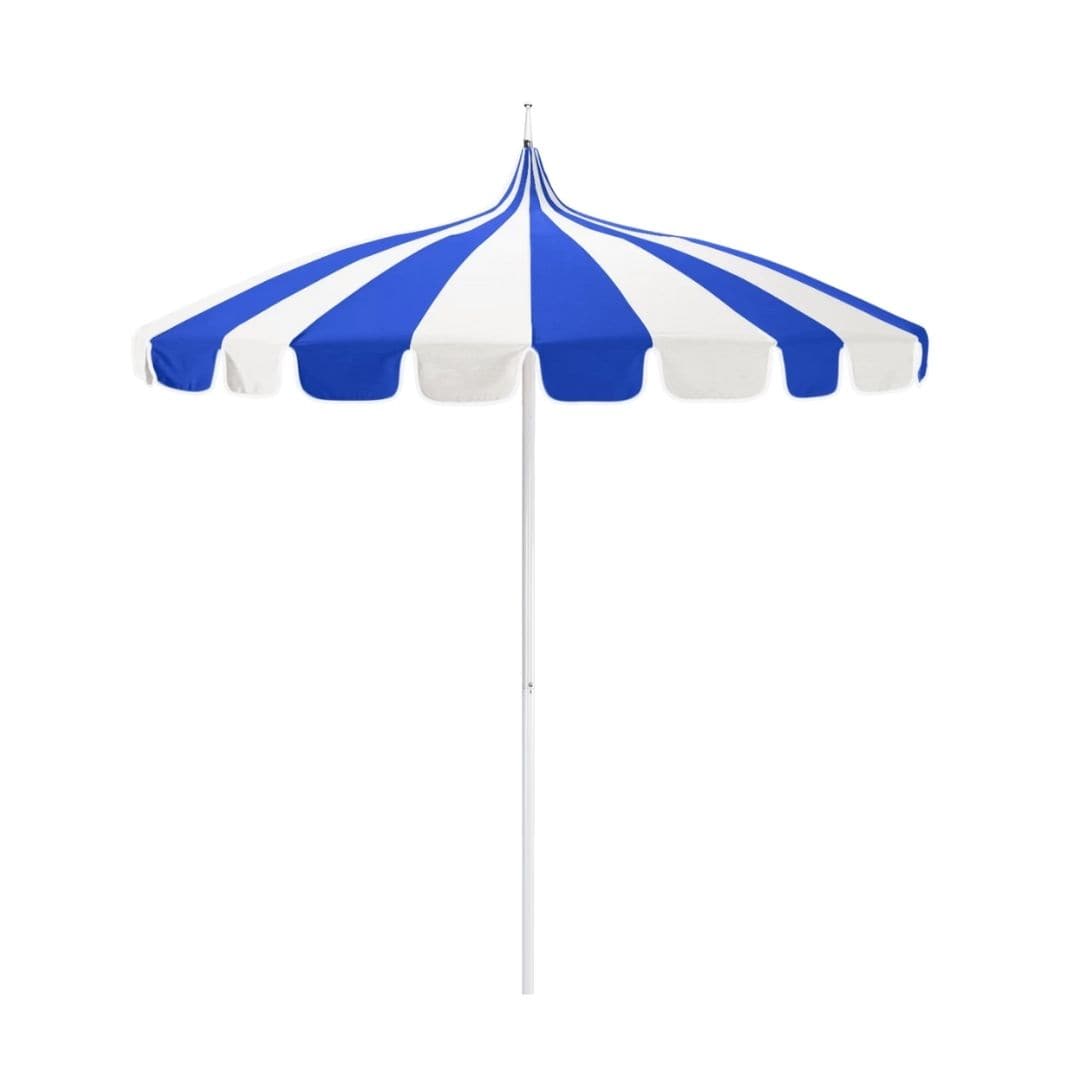 California Umbrellas Pacific Blue 8.5' Pagoda Series Sunbrella Fabric Patio Umbrella with White Aluminum Pole and Push Lift CAL-SMPT852174PD-0401