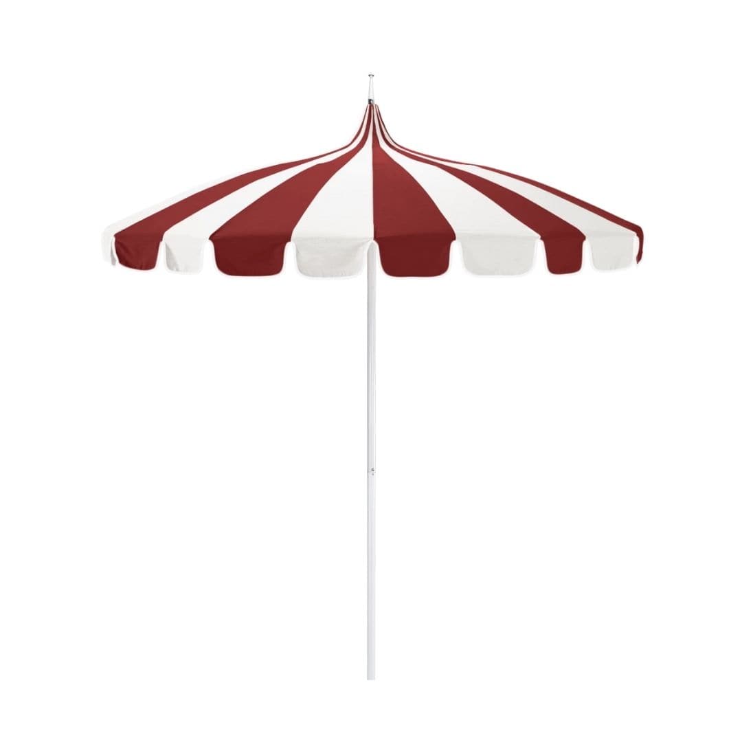 California Umbrellas Jockey Red 8.5' Pagoda Series Sunbrella Fabric Patio Umbrella with White Aluminum Pole and Push Lift CAL-SMPT852174PD-0403