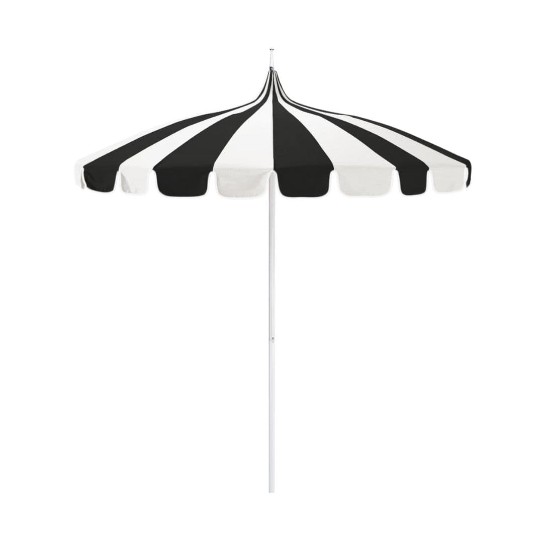 California Umbrellas Black 8.5' Pagoda Series Sunbrella Fabric Patio Umbrella with White Aluminum Pole and Push Lift CAL-SMPT852174PD-0408