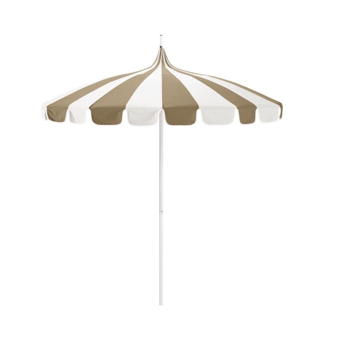California Umbrellas Antique Beige 8.5' Pagoda Series Sunbrella Fabric Patio Umbrella with White Aluminum Pole and Push Lift CAL-SMPT852174PD-0422
