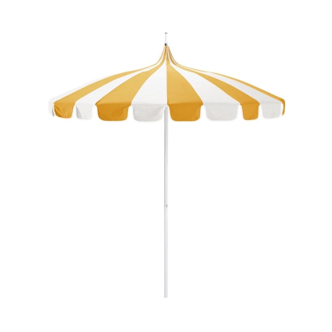 California Umbrellas Sunflower Yellow 8.5' Pagoda Series Sunbrella Fabric Patio Umbrella with White Aluminum Pole and Push Lift CAL-SMPT852174PD-0457