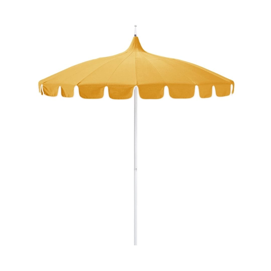 California Umbrellas Sunflower Yellow 8.5' Classic Pagoda Series Sunbrella Fabric Patio Umbrella with White Aluminum Pole and Push Lift CAL-SMPT852174CLAS-5457