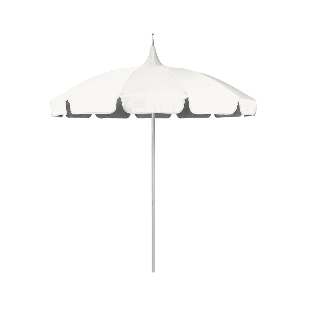 California Umbrellas Natural 8.5' Classic Pagoda Series Sunbrella Fabric Patio Umbrella with White Aluminum Pole and Push Lift CAL-SMPT852174CLAS-5404