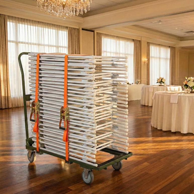Chivari Heavy Duty Steel Frame Folding Chair Cart with Locking Wheels and Safety Strap - up to 25 chairs CART100HG-HD-AX-T