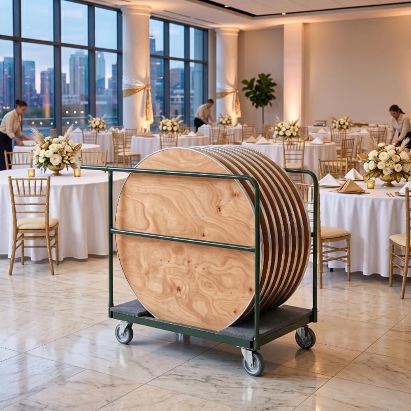 Chivari 8 Plywood 48" (4 Foot) Round Folding Tables with Metal Edge + Steel Banquet Table Cart CART102HG-RD48MG-8