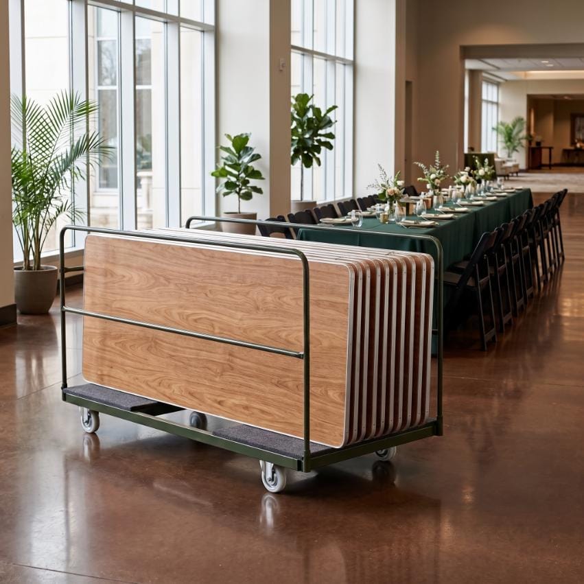 Chivari 10 Plywood 72" x 30" (6 Foot) Rectangle Folding Tables with Metal Edge + Extra Large Steel Banquet Table Cart CART105HG-RT7230MG-10