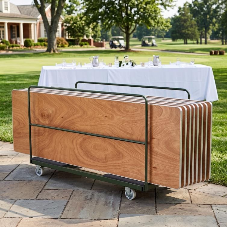 Chivari 8 Plywood 96" x 30" (8 Foot) Rectangle Folding Tables with Metal Edge + Extra Large Steel Banquet Table Cart CART105HG-RT9630MG-8