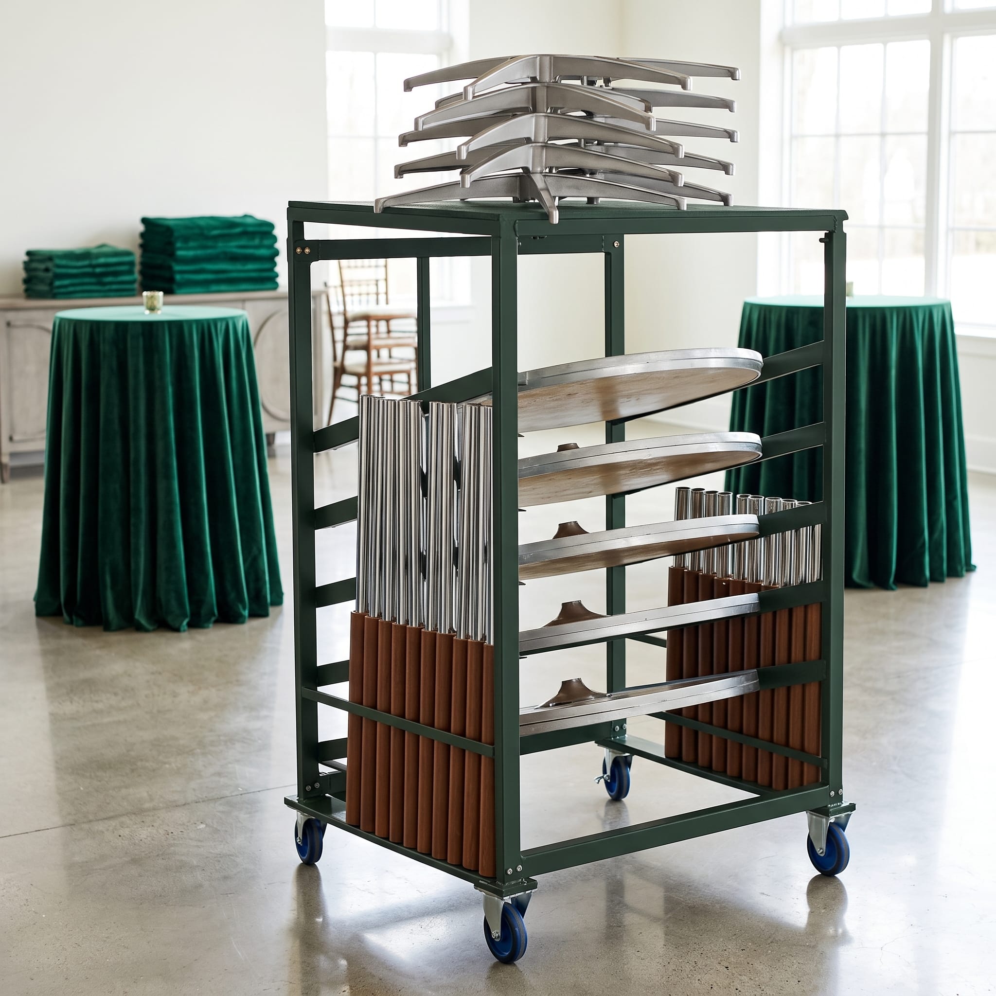 Chivari 10 Metal 30" (2.5 Foot) Round Cocktail Table Kits + Steel Table Cart CART109HG-30-RD30M-10