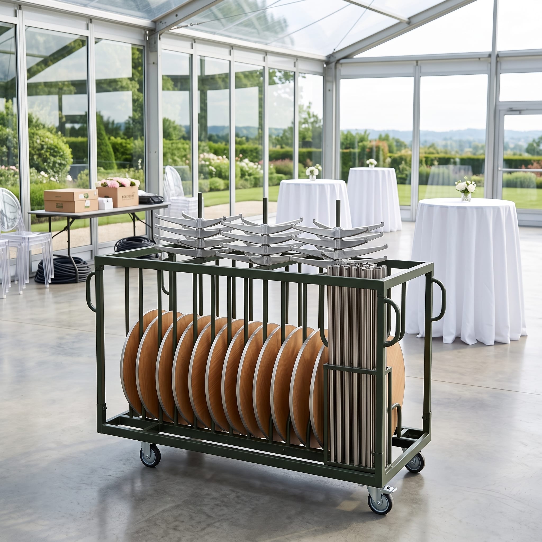 Chivari 12 Metal 24" (2 Foot) Round Cocktail Table Kits + Cocktail Table Cart CART116HG-RD24M-12