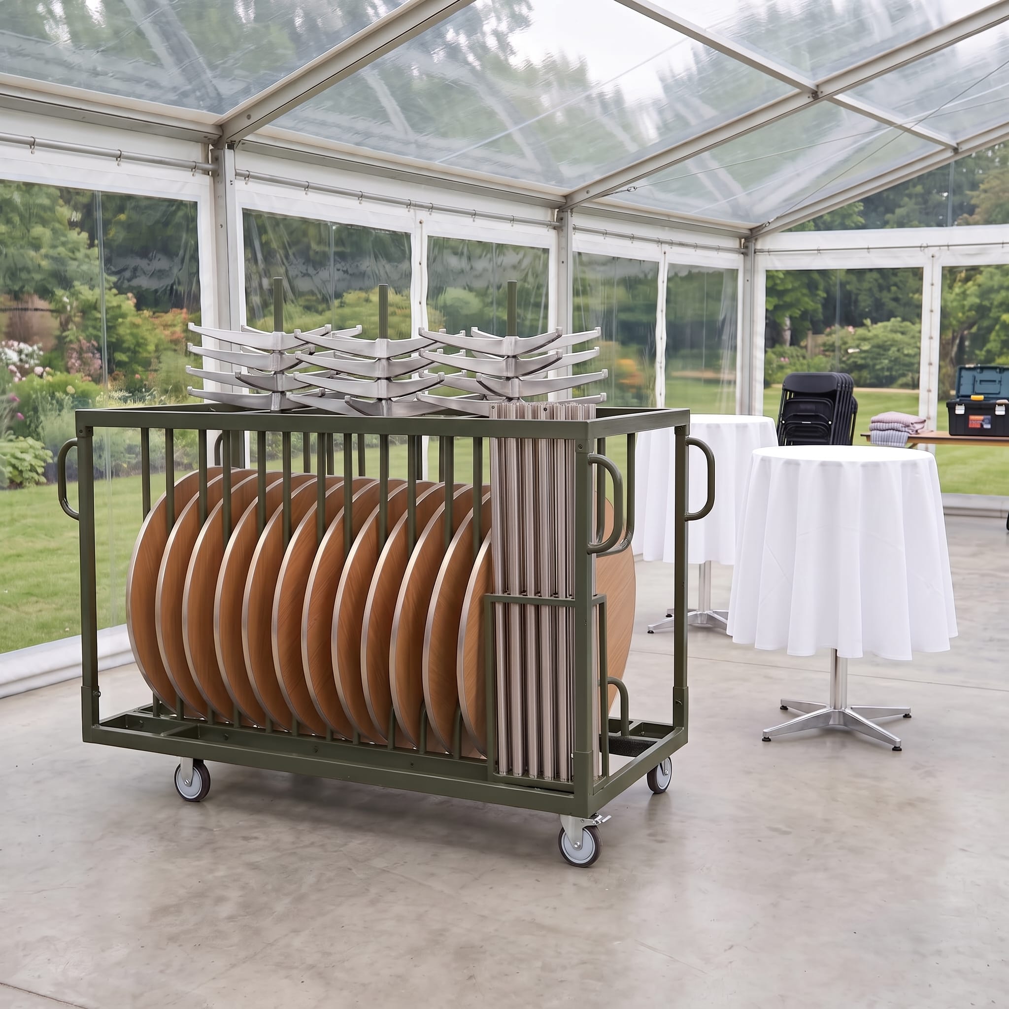 Chivari 12 Metal 30" (2.5 Foot) Round Cocktail Table Kits + Cocktail Table Cart CART116HG-RD30M-12