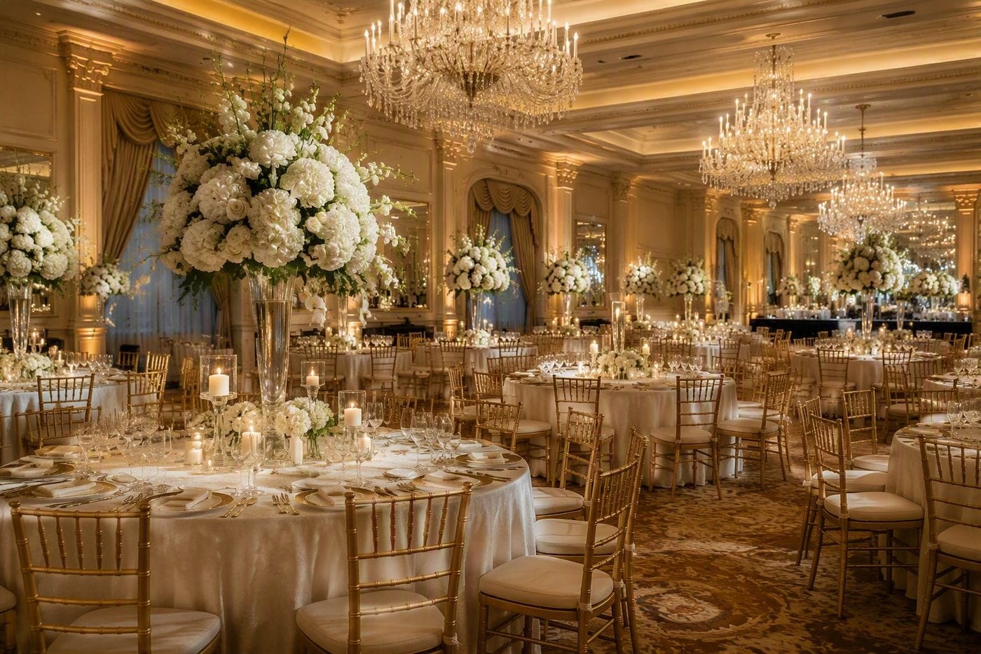 Gold Chiavari chairs set for a country club ballroom gala