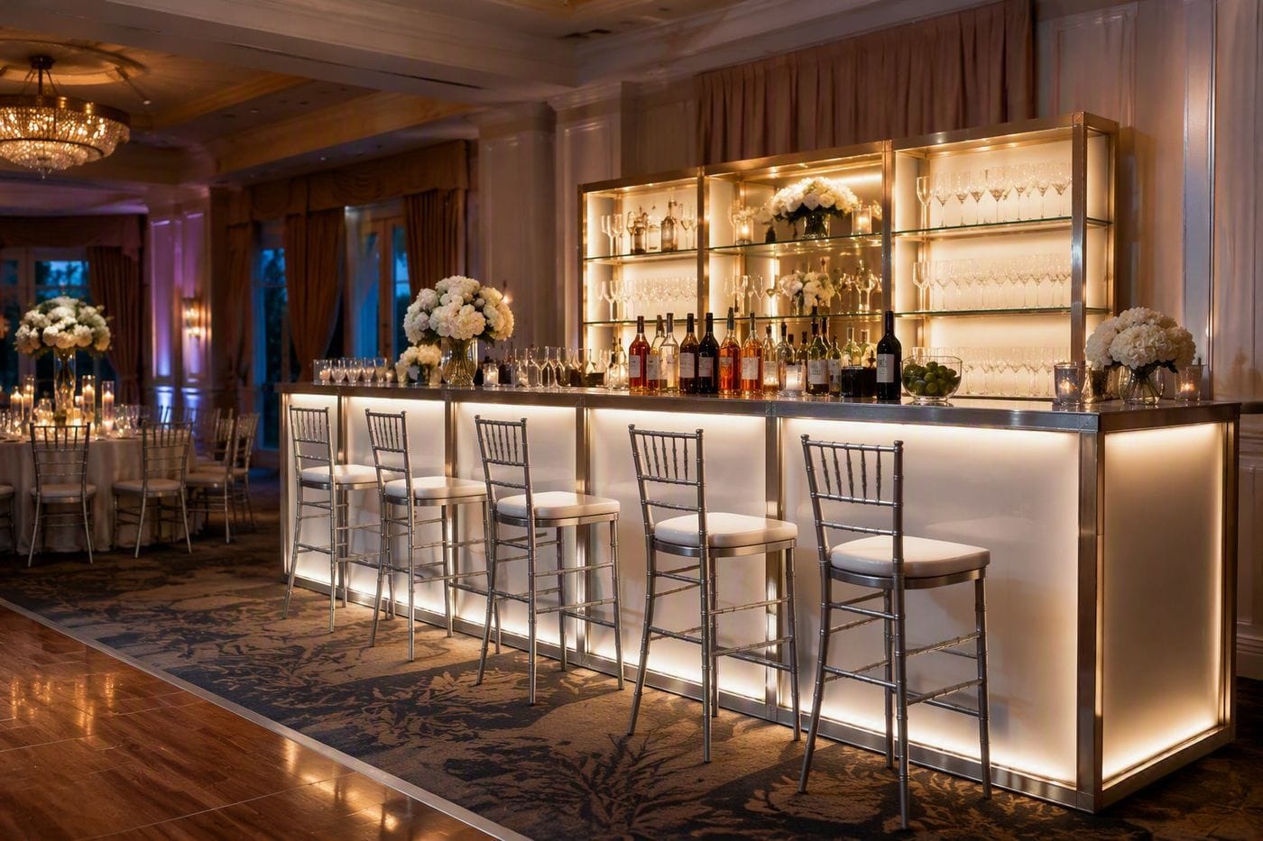 Modular portable bar with Chiavari bar stools
