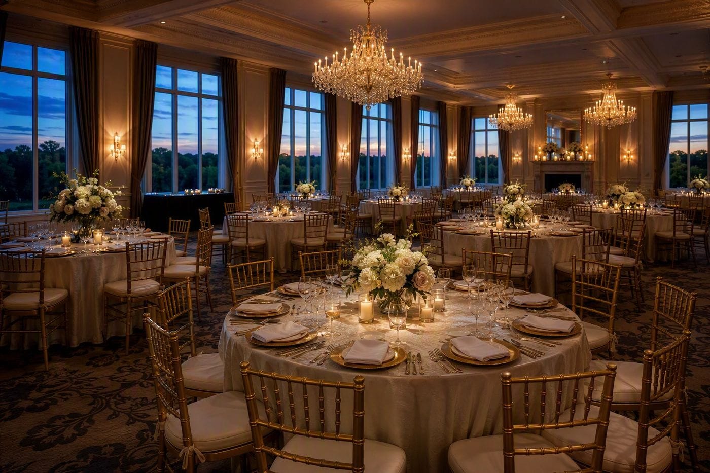 Club ballroom set, level and ready before members arrive
