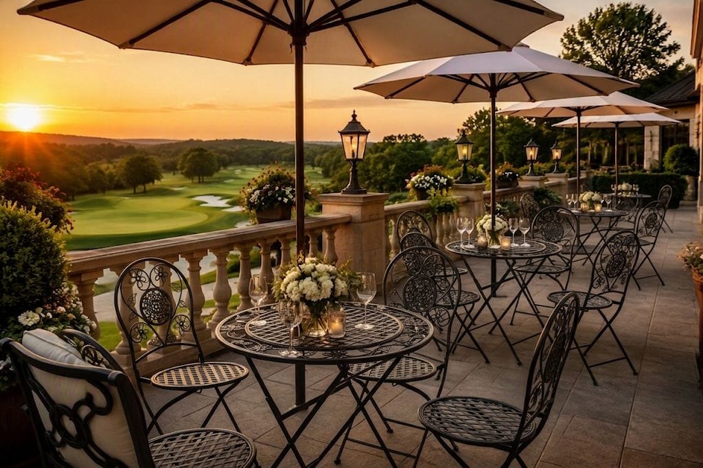 Club terrace at golden hour with bistro seating