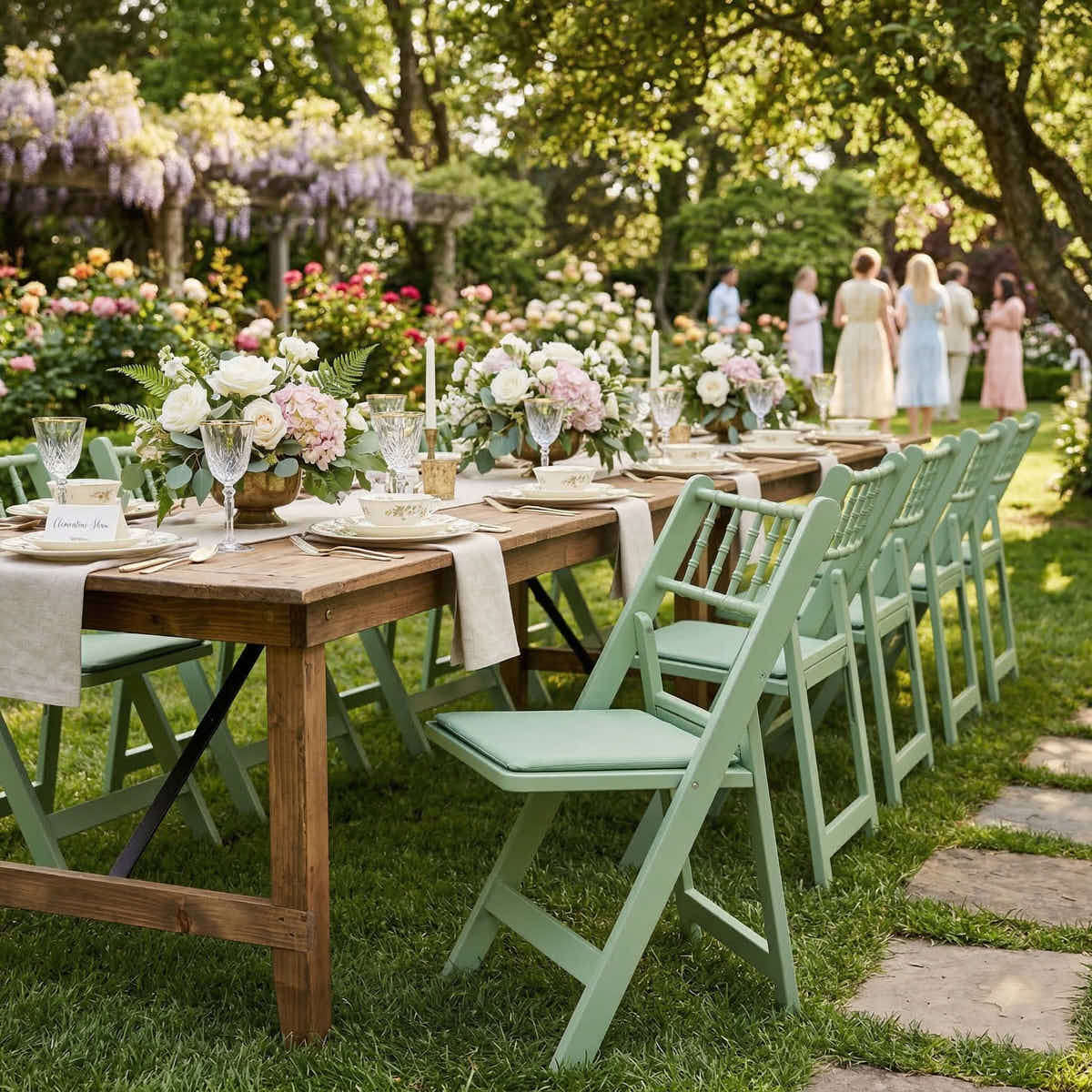 Chivari Sage Green WoodGrain Resin Folding Chiavari Style Chair with Sage Green Cushion CFCRSGB-AX