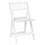 White WoodGrain Resin Folding Chiavari Style Chair with White Vinyl Cushion