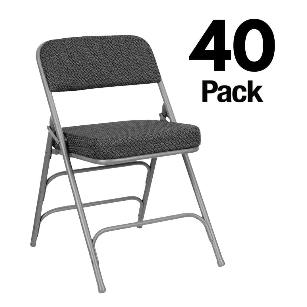 Chivari 40 Pack Black Folding Metal Chairs with Gray Frame, Gray Fabric Seat and Three Curved Back Bars CFMFBGR2-CX-T-40