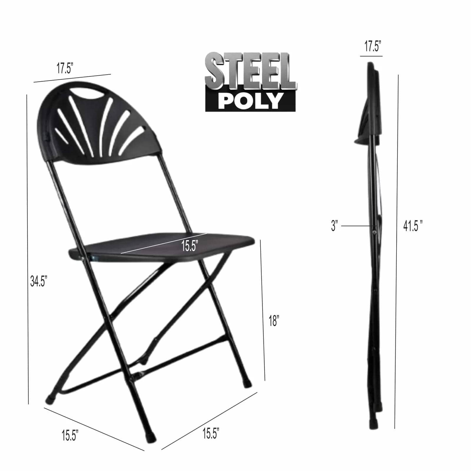 Chivari 200 Pack Black Fan Back Folding Chair (Steel-Poly Chair) CFPB-FAN-CX-T-200