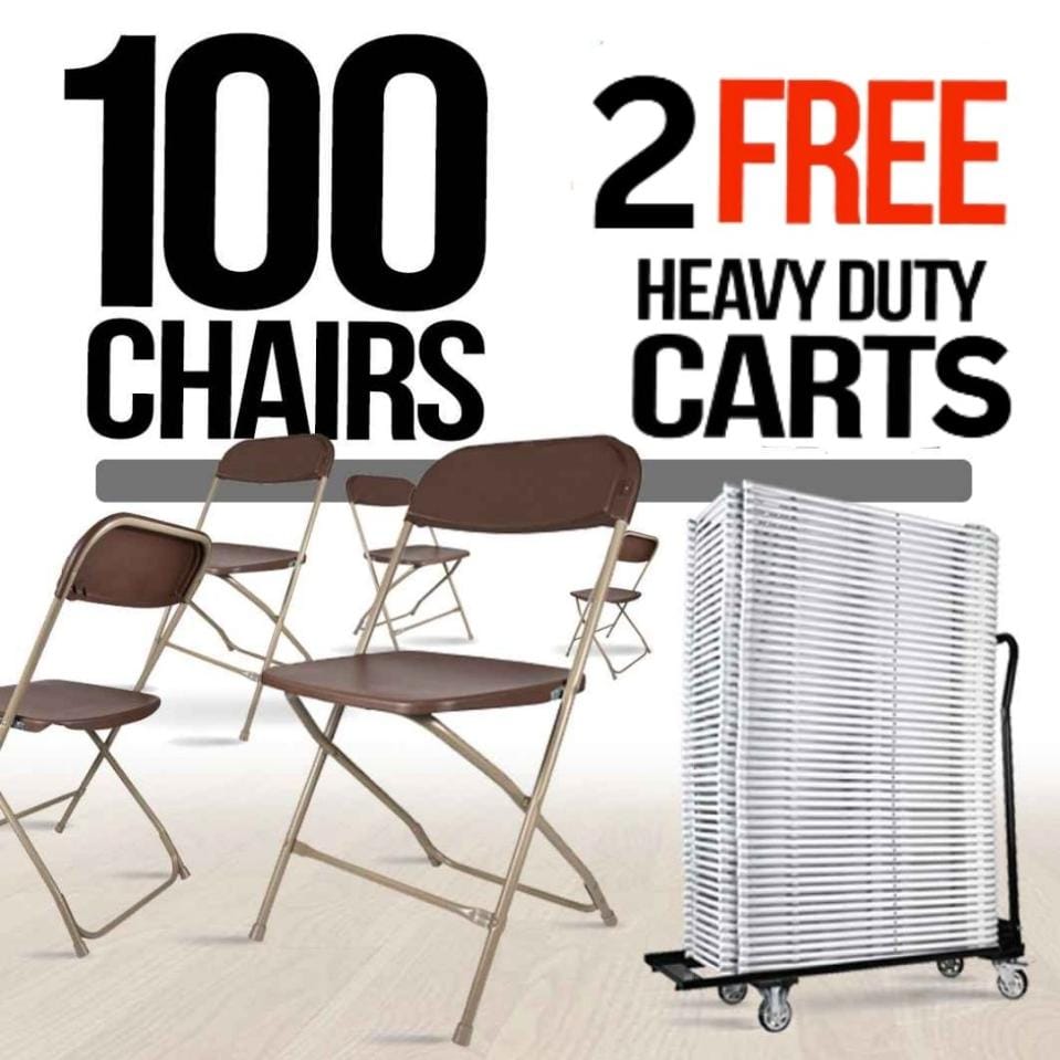Chivari 100 Brown Plastic Folding Chair Bundle with 2 Heavy Duty Carts and Safety Straps CFPBR-100GCRTS-KT