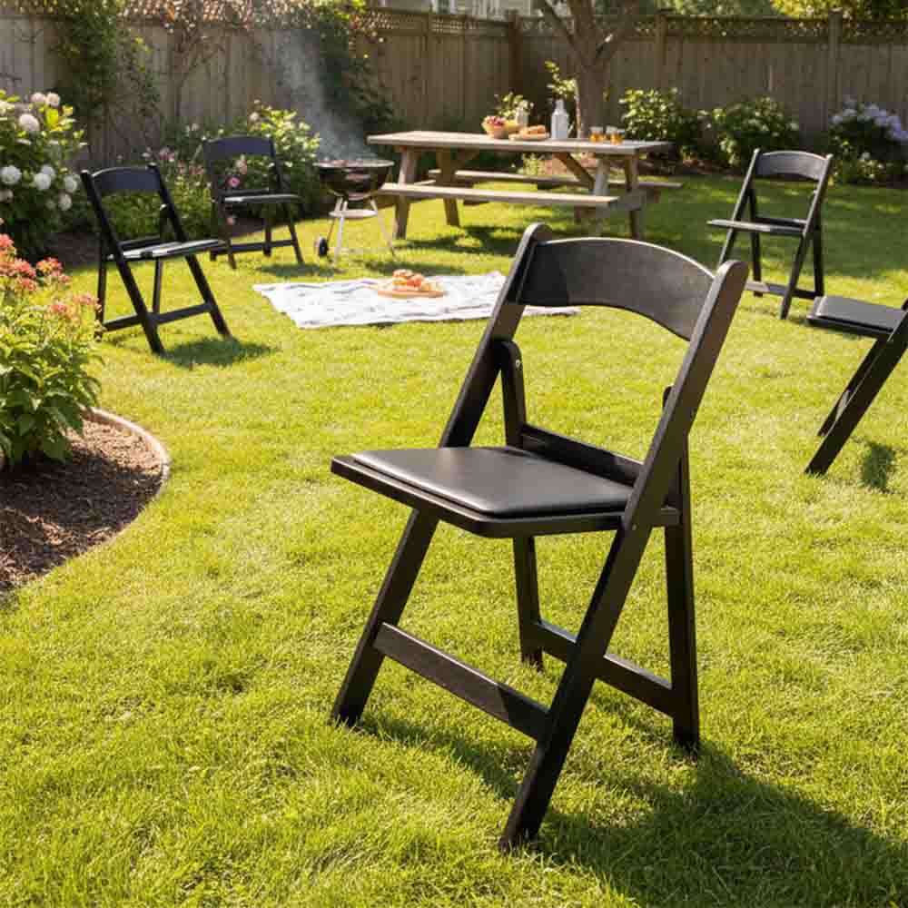 Chivari Black WoodGrain™ Resin Folding Chair with Black Vinyl Seat CFRBB-A