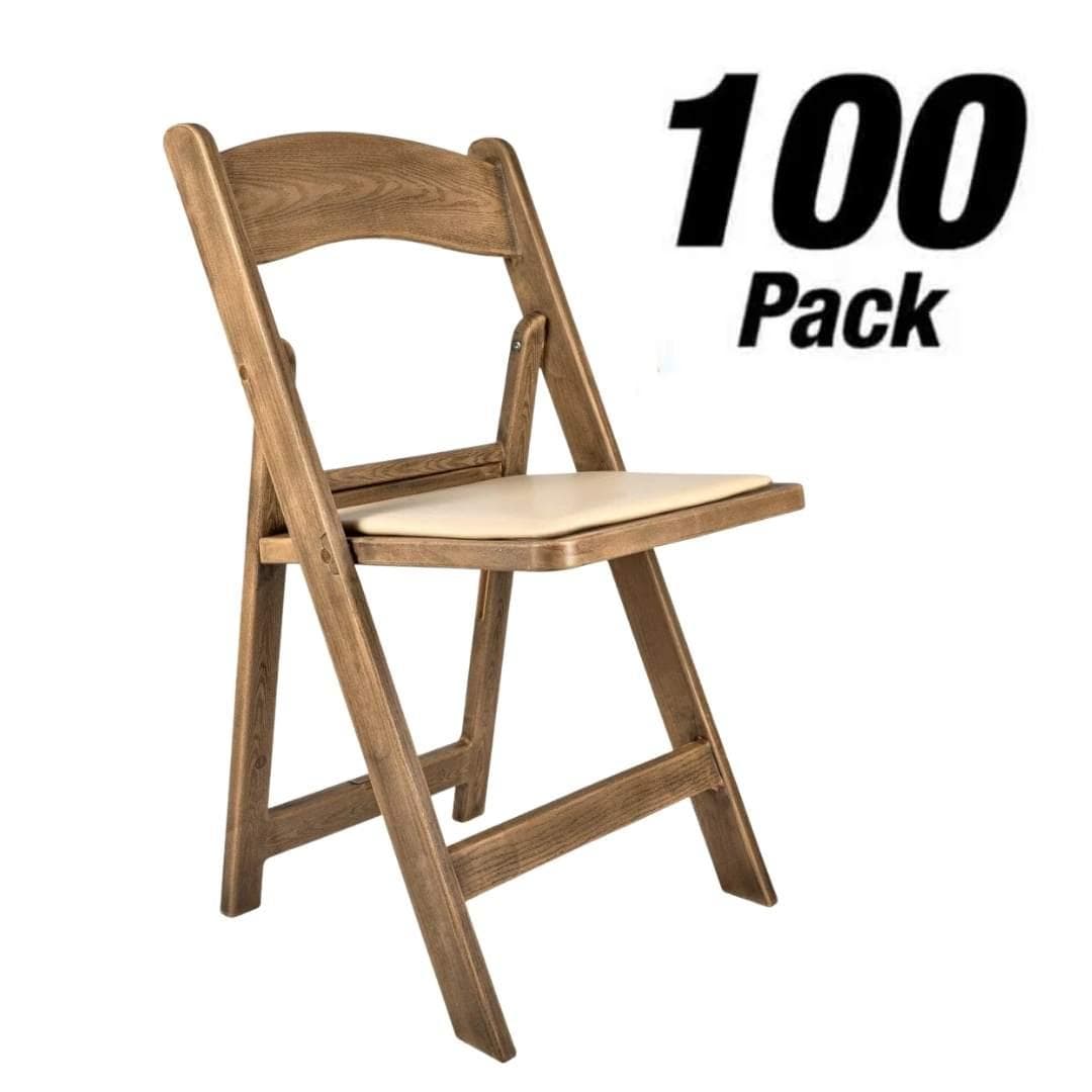 Chivari 100 Pack Chestnut WoodGrain Resin Folding Chairs with Tan Cushions CFRCB-I-AX-T-100