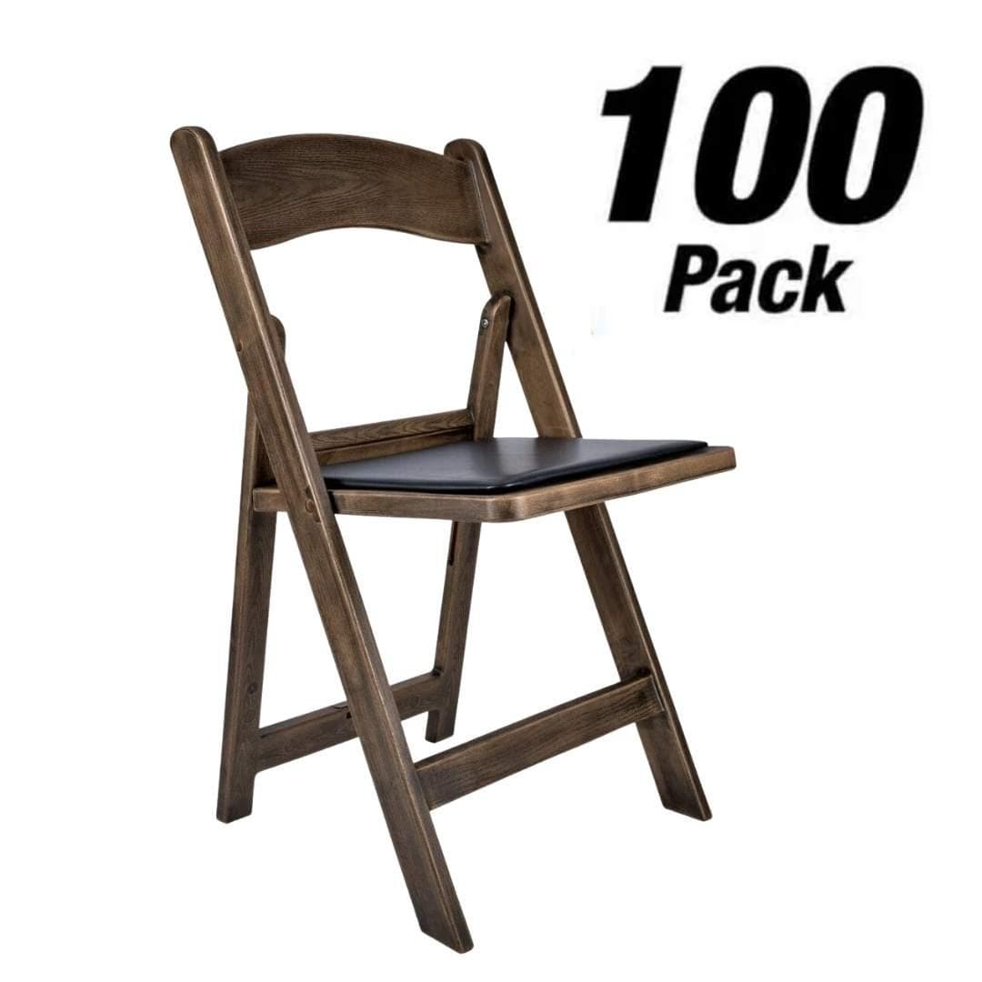 Chivari 100 Pack Fruitwood Resin WoodGrain™ Folding Chair with Black Cushion CFRFB-B-AX-T-100