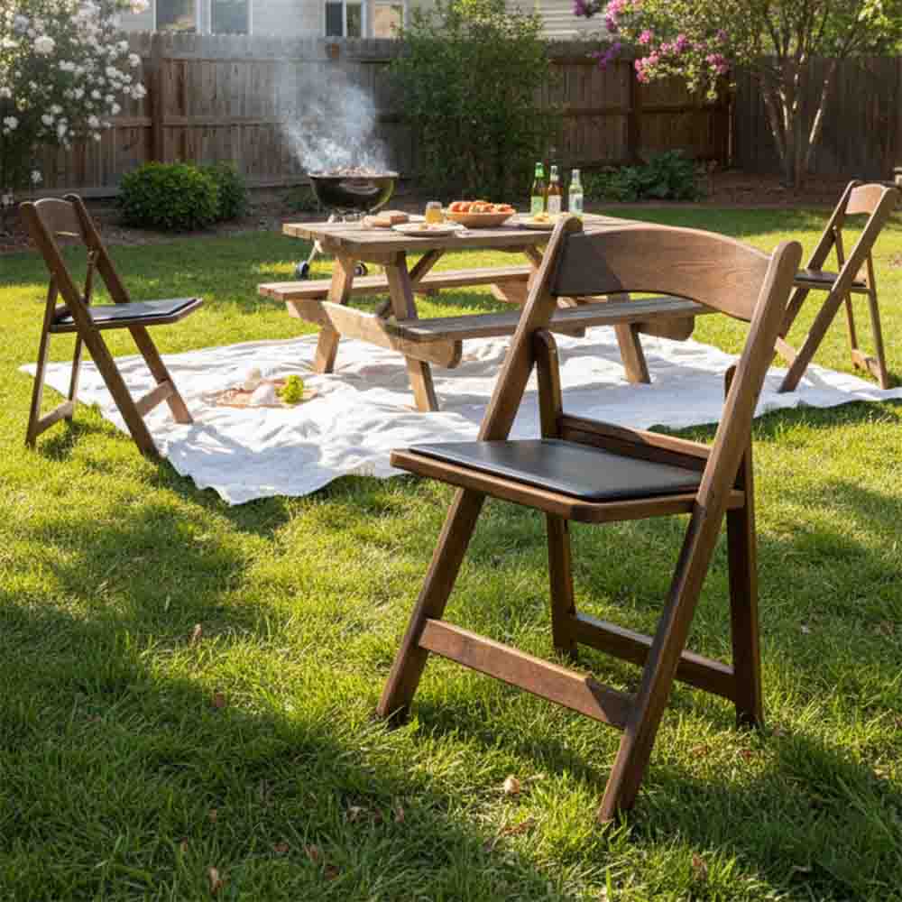 Chivari Fruitwood Resin WoodGrain™ Folding Chair with Black Cushion CFRFB-B-AX-T