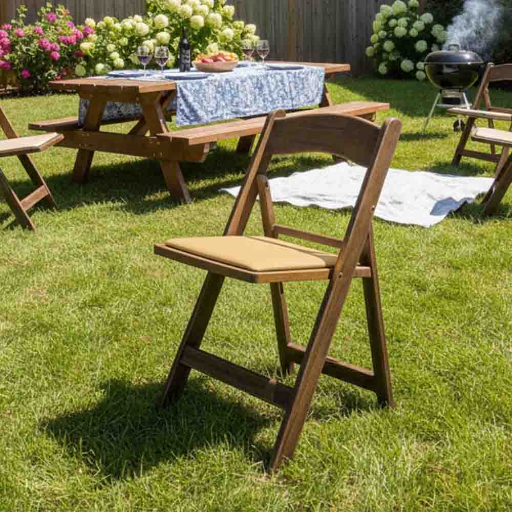 Chivari Fruitwood Resin WoodGrain™ Folding Chair with Tan Cushion CFRFB-I-AX-T