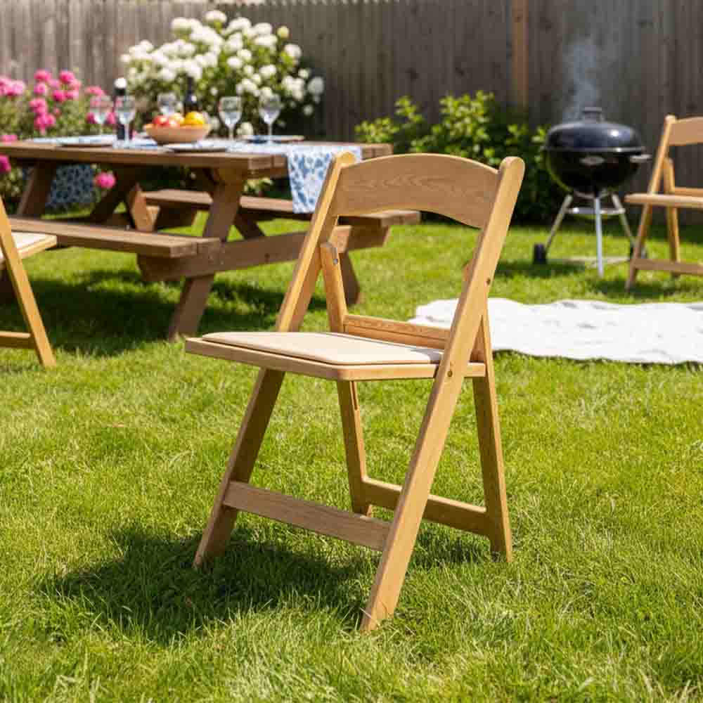 Chivari Natural Resin WoodGrain™ Folding Chair with Tan Cushion CFRNB-I-AX-T