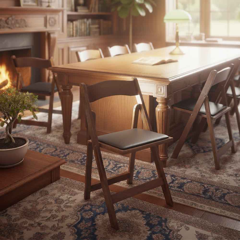 Chivari Fruitwood ToughWood™ Folding Chair with Black Cushion CFWF-BLK-AX-T