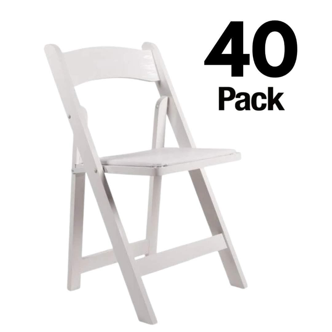 Chivari 40 Pack White ToughWood Folding Chairs with White Cushions CFWW-WHI-AX-T-40